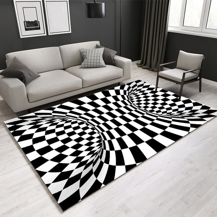 Lisslune | Decorative Black-White Modern Carpet Polyester 3D Trick Art Checked Pattern Carpet Stain-Resistant Non-Slip Backing Washable Carpet for Home