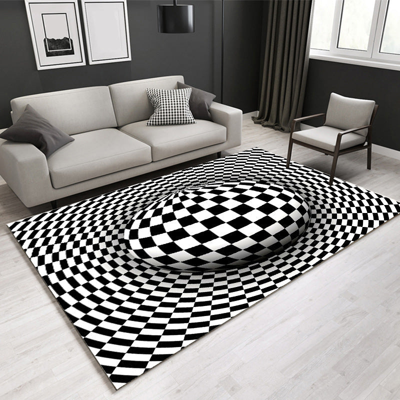 Lisslune | Decorative Black-White Modern Carpet Polyester 3D Trick Art Checked Pattern Carpet Stain-Resistant Non-Slip Backing Washable Carpet for Home