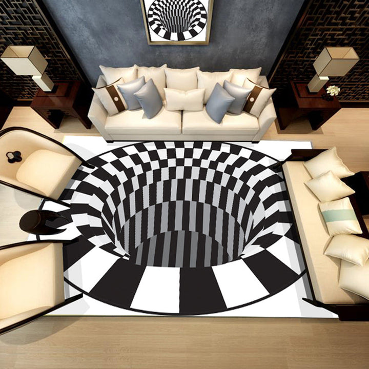 Lisslune | Decorative Black-White Modern Carpet Polyester 3D Trick Art Checked Pattern Carpet Stain-Resistant Non-Slip Backing Washable Carpet for Home