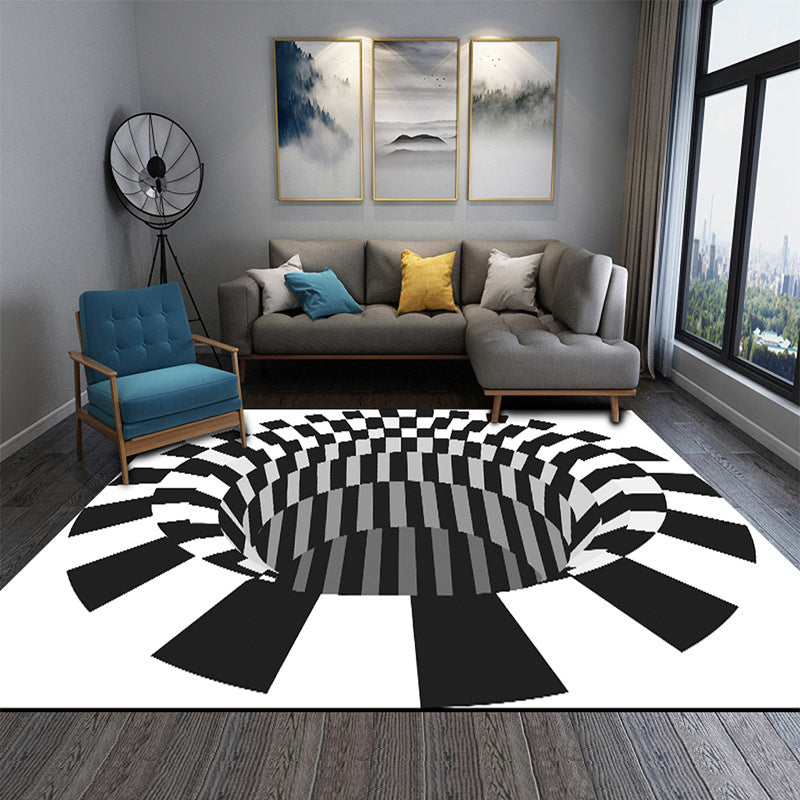 Lisslune | Interesting Novelty Dress Black-White 3D Illusion Checkered Fleece Stain-Resistant Pet-Friendly Anti-Slip Background Rug for Bedroom