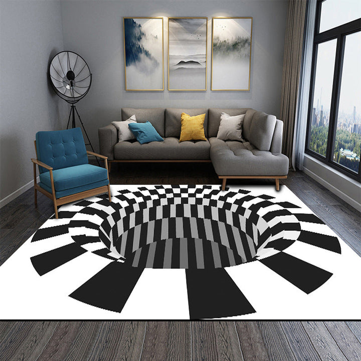 Lisslune | Interesting Novelty Dress Black-White 3D Illusion Checkered Fleece Stain-Resistant Pet-Friendly Anti-Slip Background Rug for Bedroom