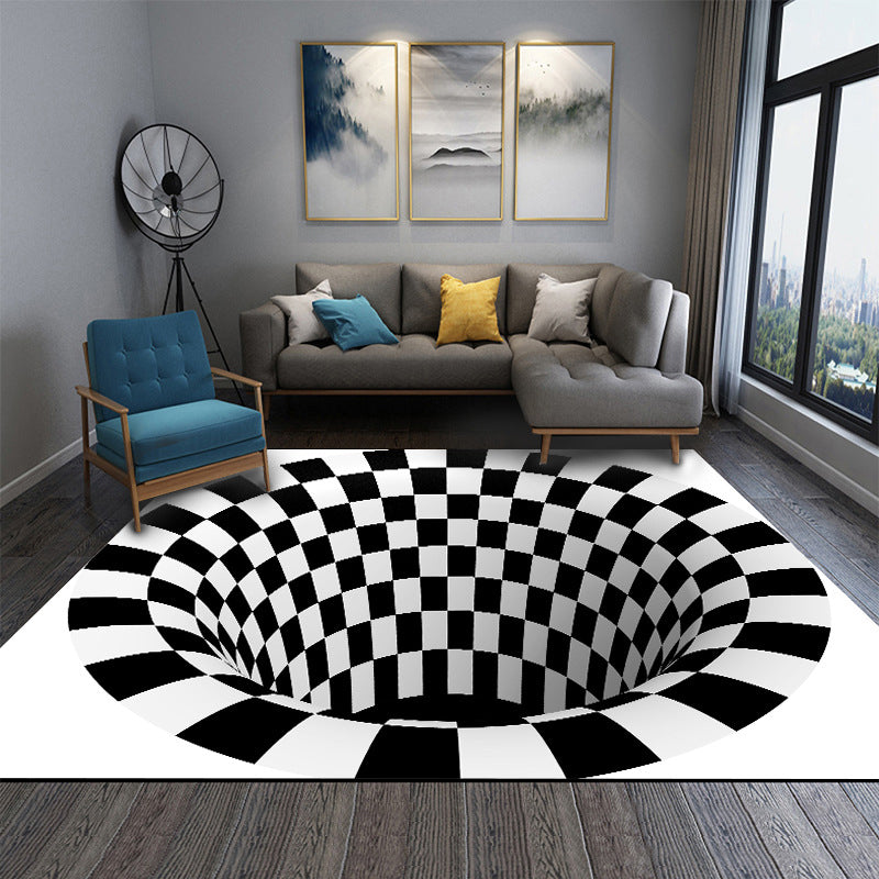 Lisslune | Interesting Novelty Dress Black-White 3D Illusion Checkered Fleece Stain-Resistant Pet-Friendly Anti-Slip Background Rug for Bedroom