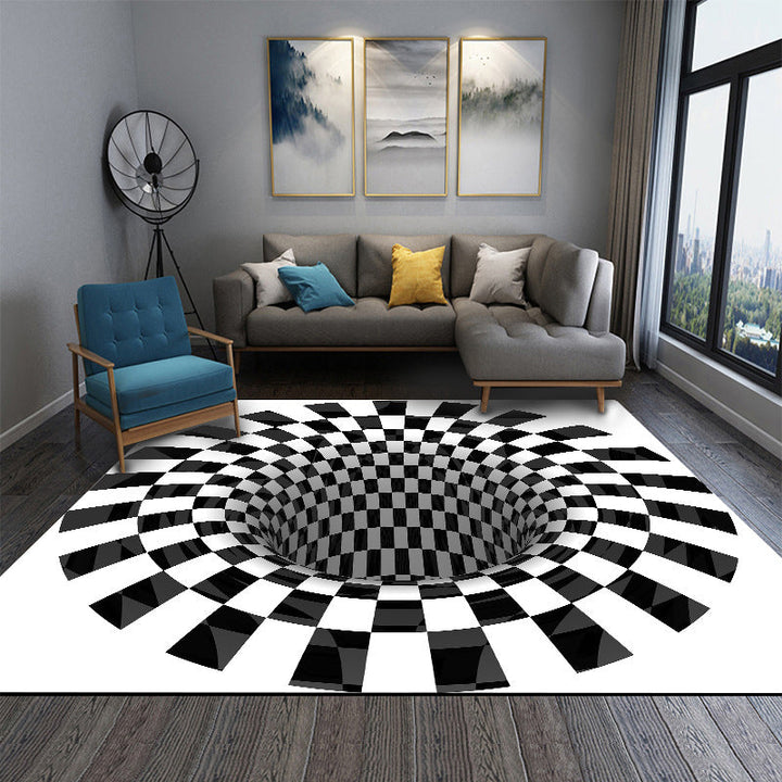 Lisslune | Interesting Novelty Dress Black-White 3D Illusion Checkered Fleece Stain-Resistant Pet-Friendly Anti-Slip Background Rug for Bedroom