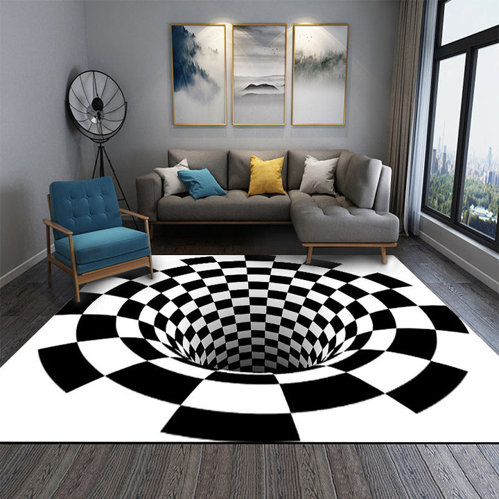 Lisslune | Interesting Novelty Dress Black-White 3D Illusion Checkered Fleece Stain-Resistant Pet-Friendly Anti-Slip Background Rug for Bedroom