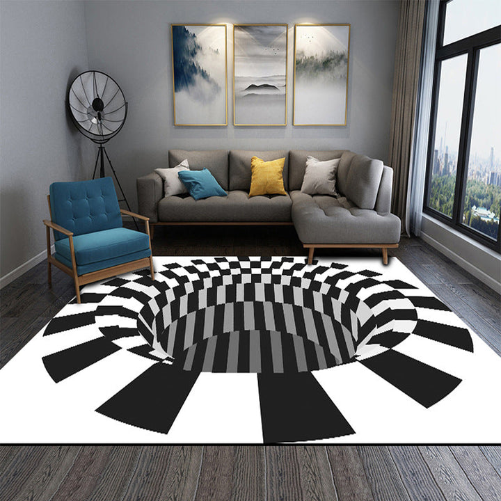 Lisslune | Interesting Novelty Dress Black-White 3D Illusion Checkered Fleece Stain-Resistant Pet-Friendly Anti-Slip Background Rug for Bedroom
