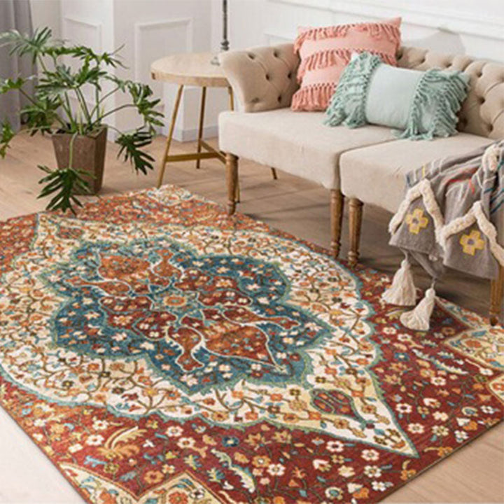 Lisslune | Worn Moroccan Rug Multicolored Patterned Rug Non-Slip Machine Washable Stain Resistant Rug for Home