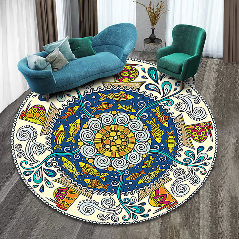 Lisslune | Colorfully patterned folk art printed carpet polyester Moroccan carpet with non-slip backing pet-friendly machine washable carpet for guest room