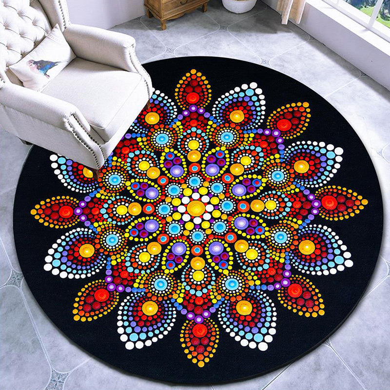Lisslune | Beautiful mandala patterned rug Multicolored Moroccan area rug Polyester pet friendly stain resistant non-slip backing rug for tea room