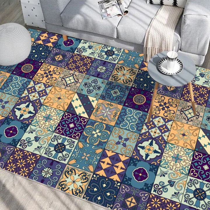 Lisslune | Moroccan Mosaic Print Carpet Multicolored Polyester Rug Non-Slip Back Washable Pet-Friendly Rug for Living Room