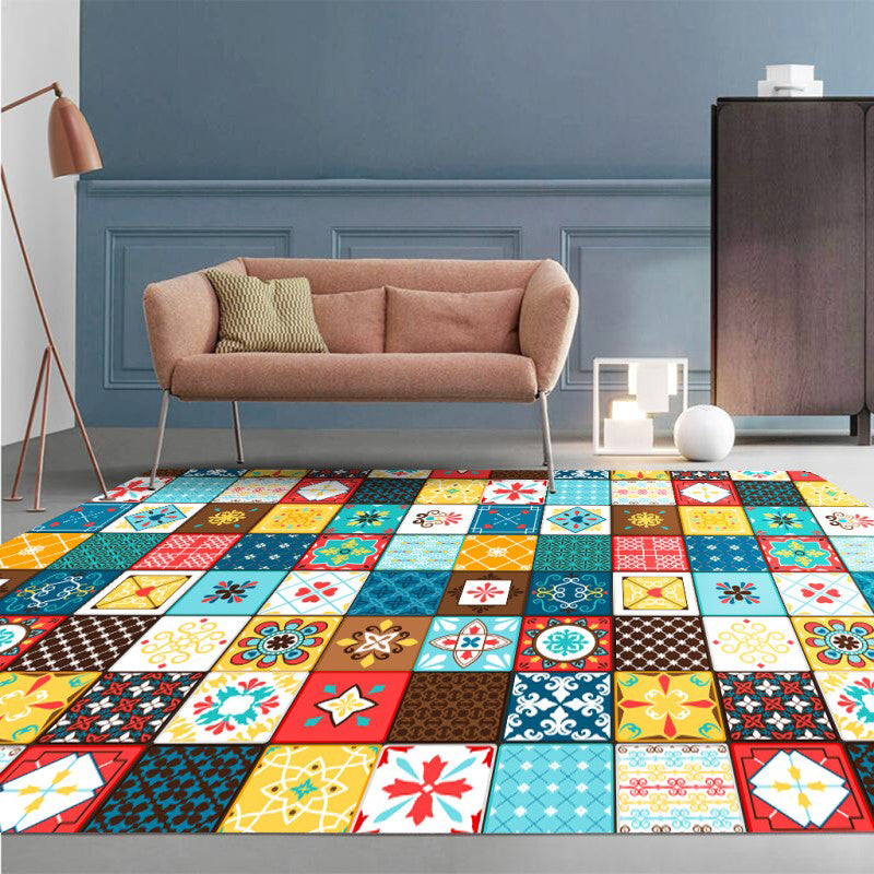 Lisslune | Moroccan Mosaic Print Carpet Multicolored Polyester Rug Non-Slip Back Washable Pet-Friendly Rug for Living Room