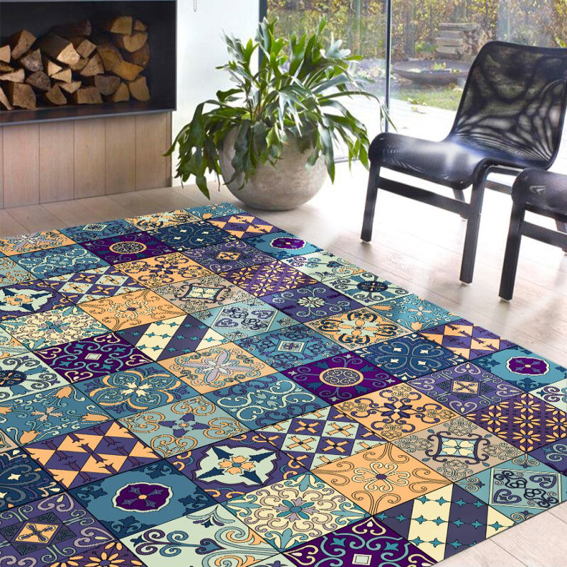 Lisslune | Moroccan Mosaic Print Carpet Multicolored Polyester Rug Non-Slip Back Washable Pet-Friendly Rug for Living Room