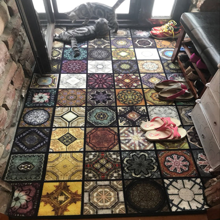 Lisslune | Chic Multicolor Moroccan Carpet Polypropylene Mosaic Rug Non-Slip Back Machine Washable Stain Resistant Rug for Entrance Area