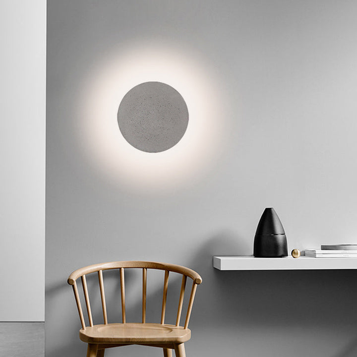 Lisslune | Flat Round Wall Sconce Light Minimalist Cement Gray LED Wall Mounted Light for Nightstand