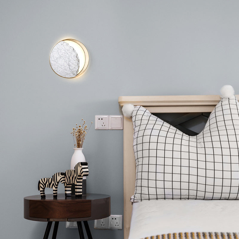 Lisslune | Moon Wall Lamp Postmodern Marble Gold LED Light Fixture with Metal Ring for Nightstand