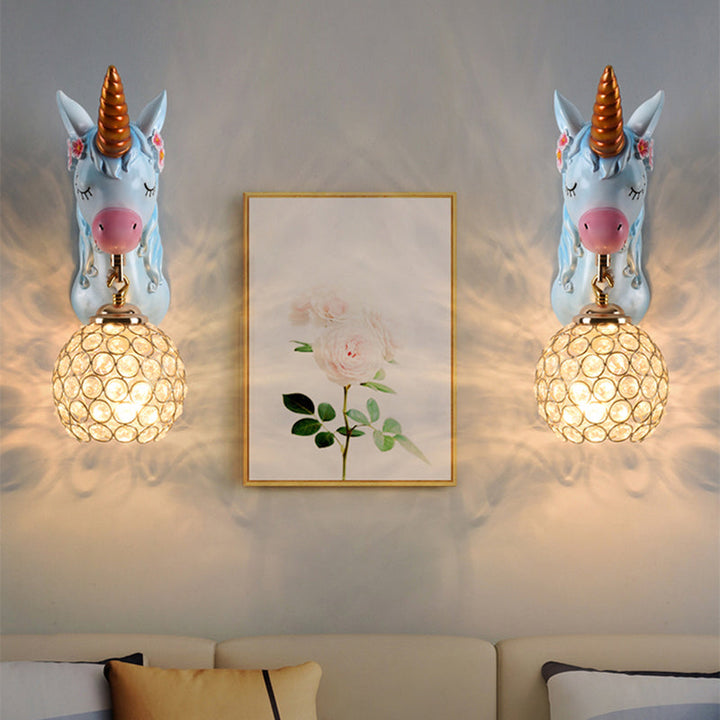 Skørter | Cartoon Unicorn Wall Mount Light Resin Bed Lamp Wall Lighting with Hollow Ball Shade
