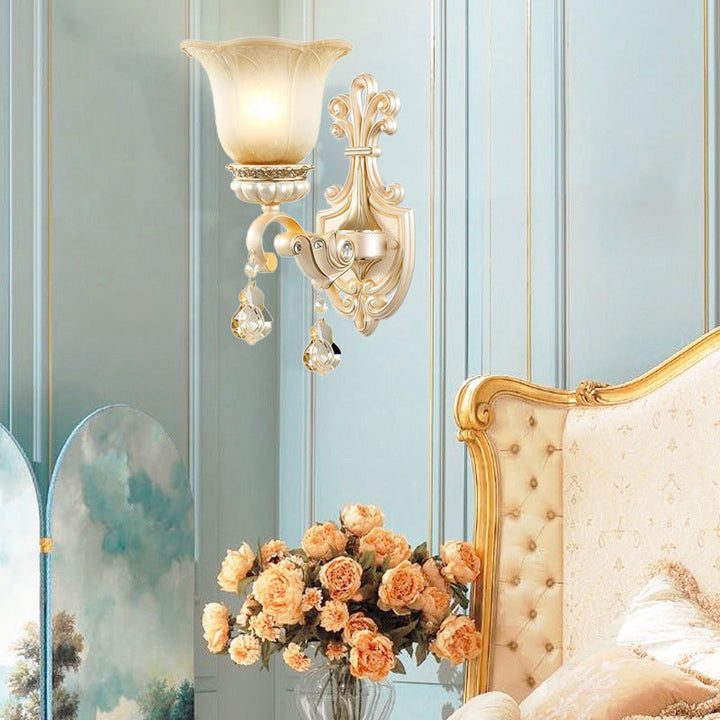 Skørter | Crossed Floral Beige Glass Wall Lamp Retro Style Living Room Wall Lighting with Crystal Draping