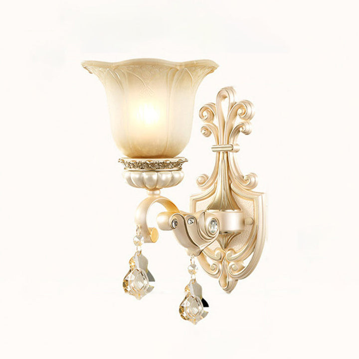 Skørter | Crossed Floral Beige Glass Wall Lamp Retro Style Living Room Wall Lighting with Crystal Draping