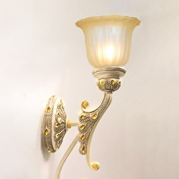 Skørter | Crossed Floral Beige Glass Wall Lamp Retro Style Living Room Wall Lighting with Crystal Draping