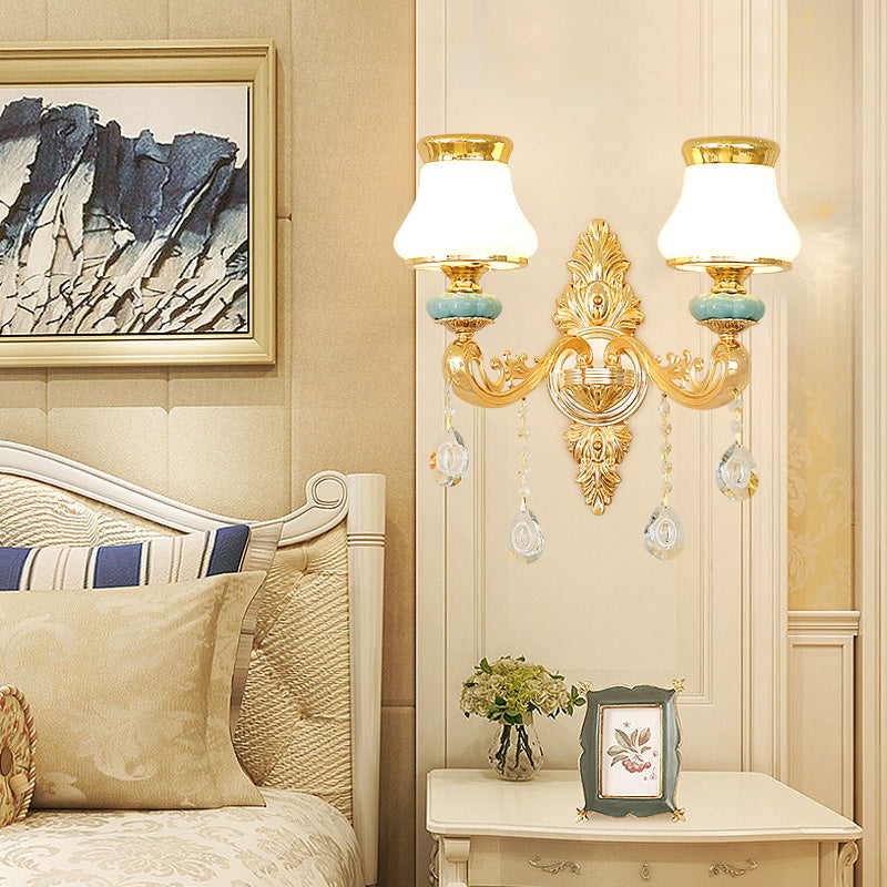 Skørter | Bud Shade Opal Glass Wall Lamp Classic Living Room Wall Lamp with K9 Crystal Accent in Gold