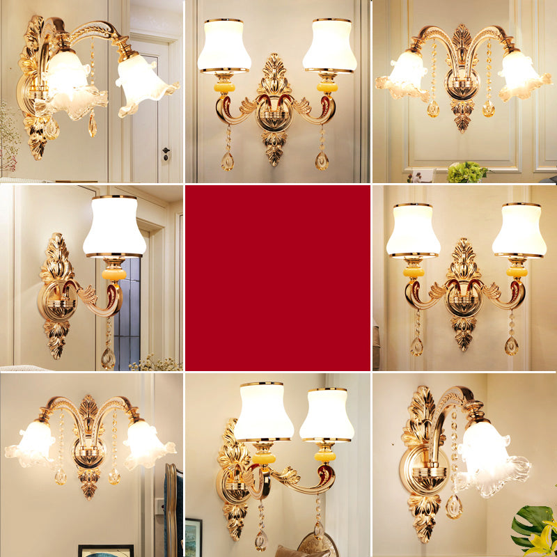 Skørter | Golden wall lamp with frosted glass flowers traditional corridor wall lighting with crystal draping