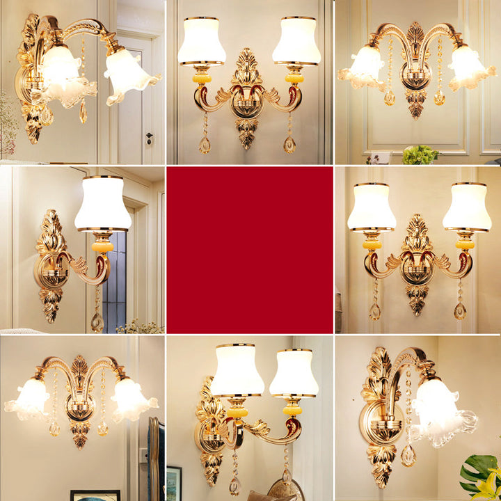 Skørter | Golden wall lamp with frosted glass flowers traditional corridor wall lighting with crystal draping