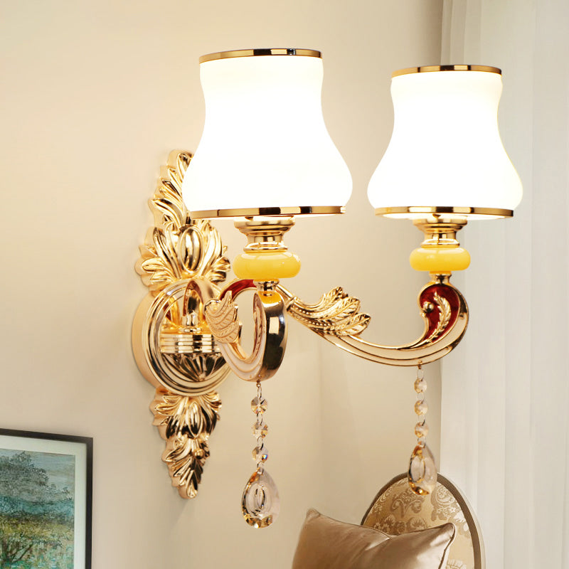 Skørter | Golden wall lamp with frosted glass flowers traditional corridor wall lighting with crystal draping