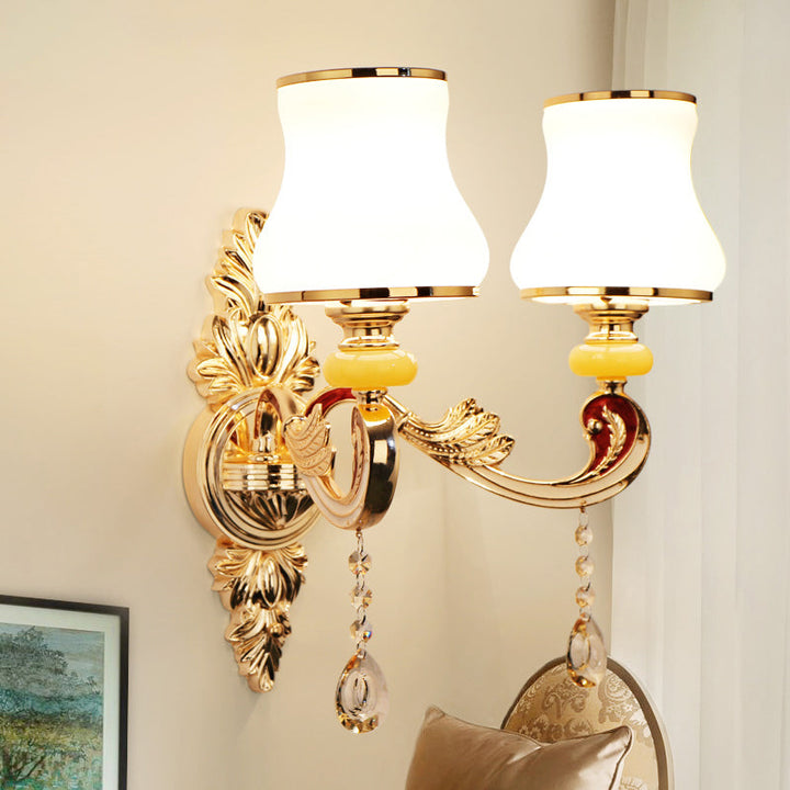 Skørter | Golden wall lamp with frosted glass flowers traditional corridor wall lighting with crystal draping
