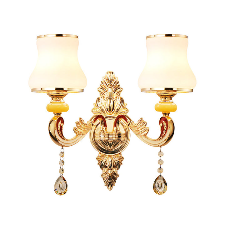 Skørter | Golden wall lamp with frosted glass flowers traditional corridor wall lighting with crystal draping
