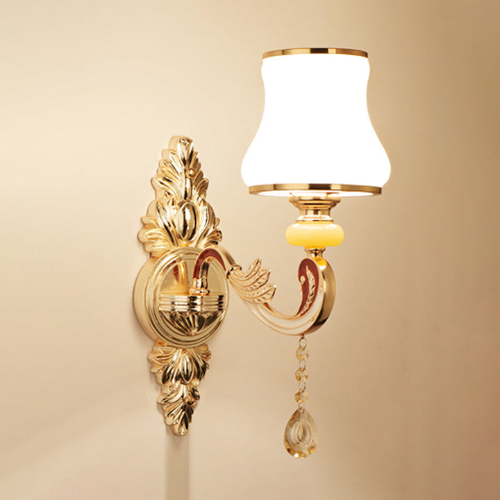 Skørter | Golden wall lamp with frosted glass flowers traditional corridor wall lighting with crystal draping