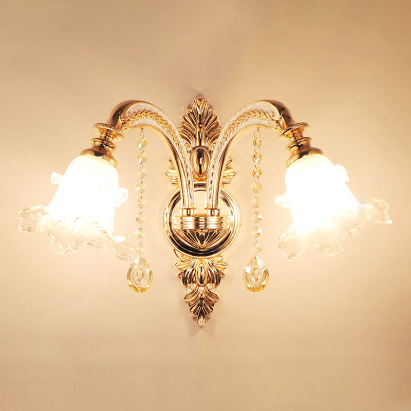 Skørter | Golden wall lamp with frosted glass flowers traditional corridor wall lighting with crystal draping