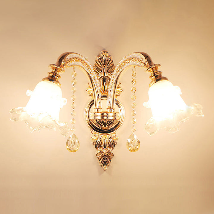 Skørter | Golden wall lamp with frosted glass flowers traditional corridor wall lighting with crystal draping