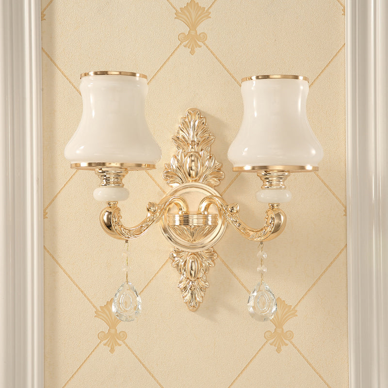 Skørter | Bud Shade Wall Lamp Minimalism Opaline Glass Gold Wall Lighting with Hanging Crystal