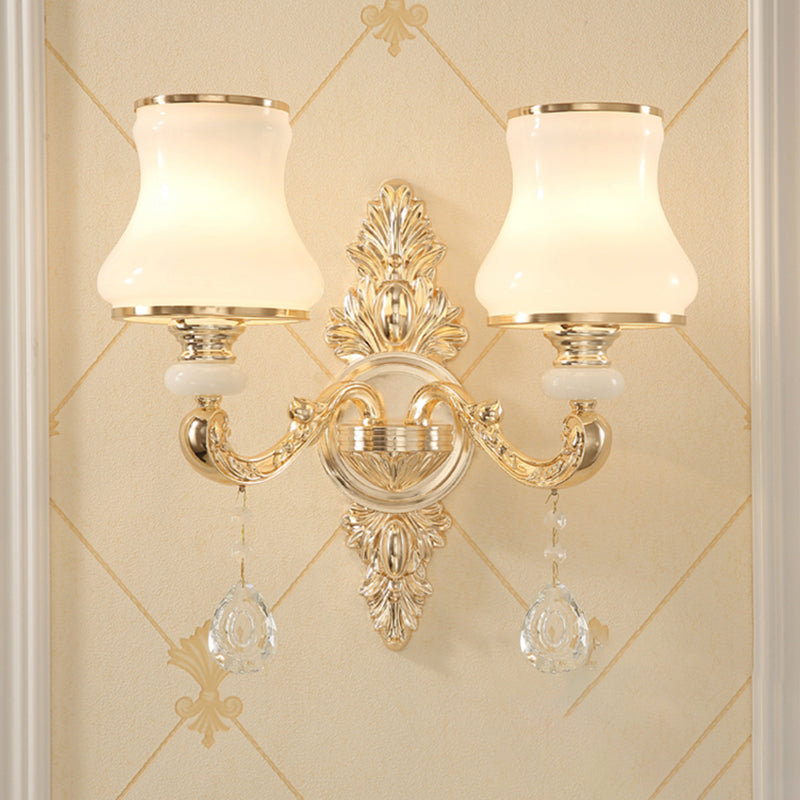 Skørter | Bud Shade Wall Lamp Minimalism Opaline Glass Gold Wall Lighting with Hanging Crystal