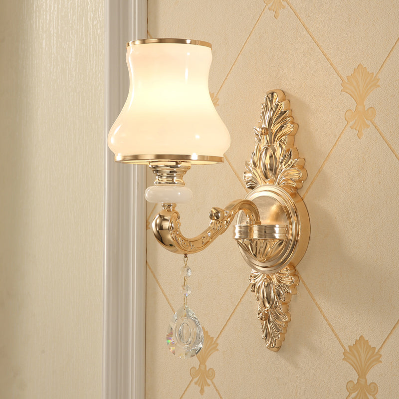 Skørter | Bud Shade Wall Lamp Minimalism Opaline Glass Gold Wall Lighting with Hanging Crystal