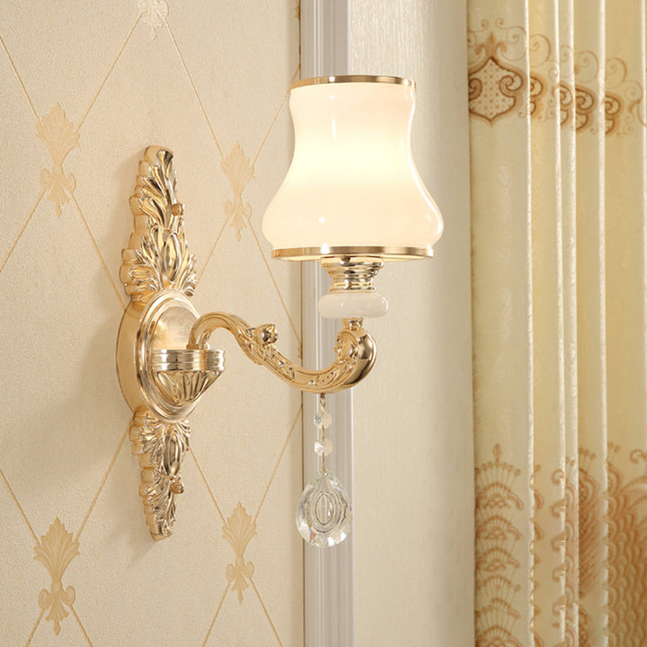 Skørter | Bud Shade Wall Lamp Minimalism Opaline Glass Gold Wall Lighting with Hanging Crystal
