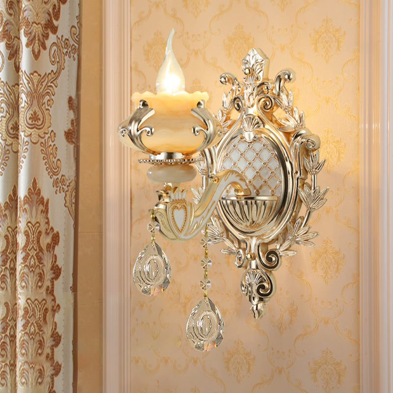 Skørter | Jade Floral Wall Light Antique Living Room Wall Lighting Fixture with Hanging Crystal in Gold
