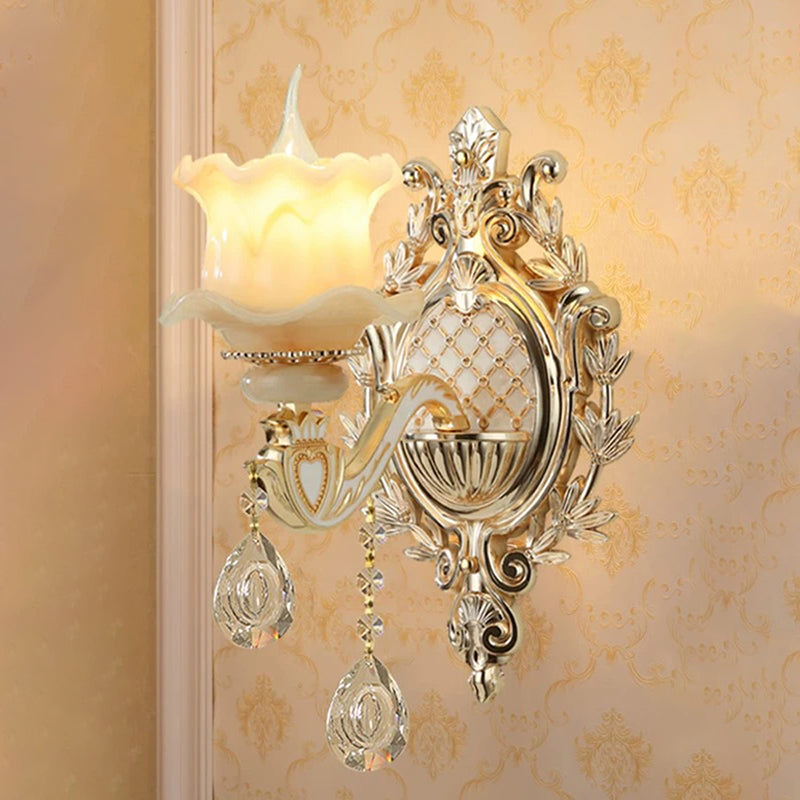 Skørter | Jade Floral Wall Light Antique Living Room Wall Lighting Fixture with Hanging Crystal in Gold