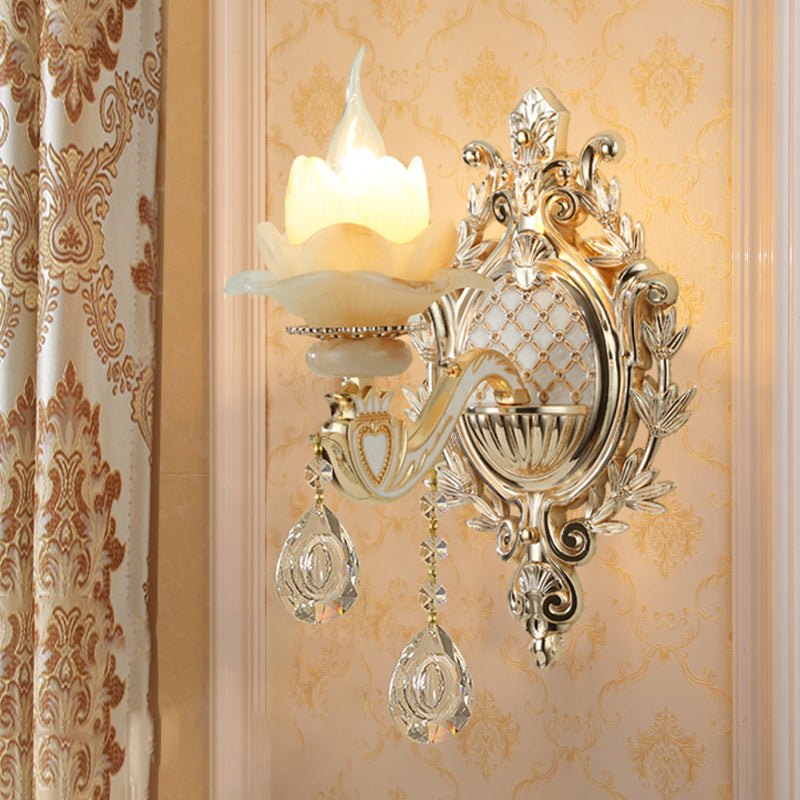 Skørter | Jade Floral Wall Light Antique Living Room Wall Lighting Fixture with Hanging Crystal in Gold