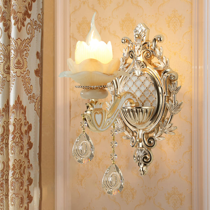 Skørter | Jade Floral Wall Light Antique Living Room Wall Lighting Fixture with Hanging Crystal in Gold
