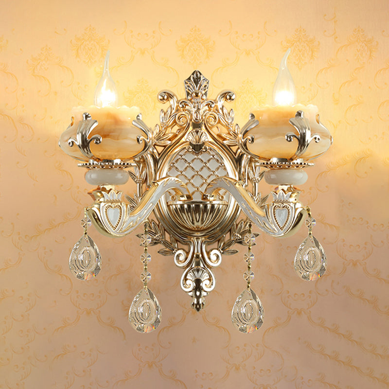 Skørter | Jade Floral Wall Light Antique Living Room Wall Lighting Fixture with Hanging Crystal in Gold