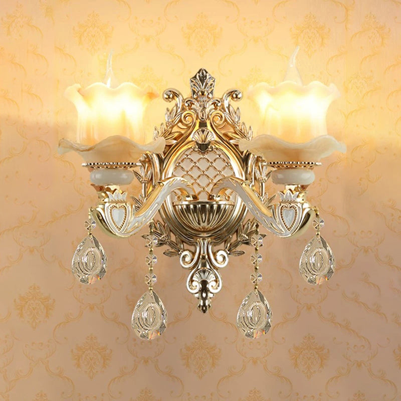 Skørter | Jade Floral Wall Light Antique Living Room Wall Lighting Fixture with Hanging Crystal in Gold