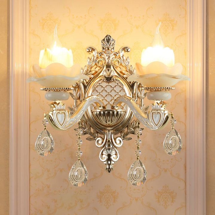 Skørter | Jade Floral Wall Light Antique Living Room Wall Lighting Fixture with Hanging Crystal in Gold