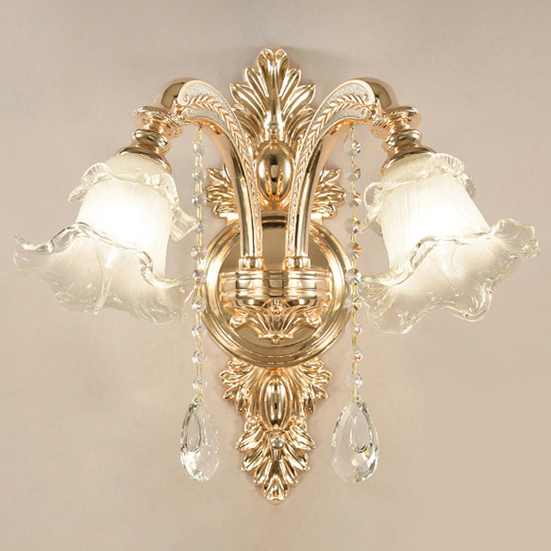 Skørter | Golden Flower Wall Lamp Retro Style Matt Glass Living Room Wall Light with Crystal Accent