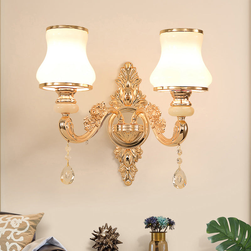 Skørter | Golden Flower Wall Lamp Retro Style Matt Glass Living Room Wall Light with Crystal Accent