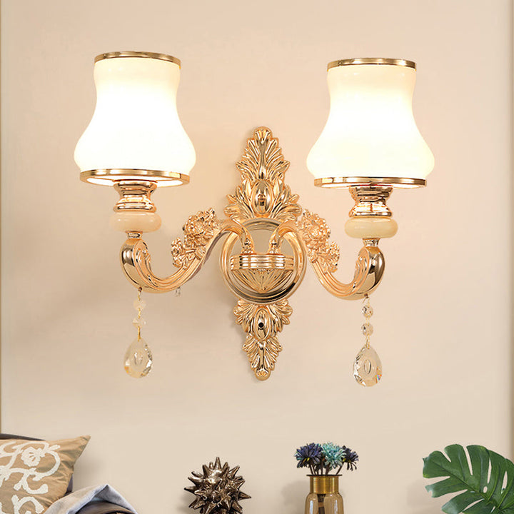 Skørter | Golden Flower Wall Lamp Retro Style Matt Glass Living Room Wall Light with Crystal Accent