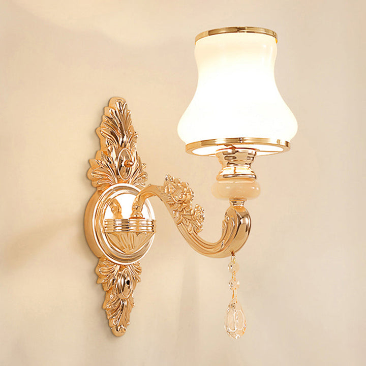 Skørter | Golden Flower Wall Lamp Retro Style Matt Glass Living Room Wall Light with Crystal Accent