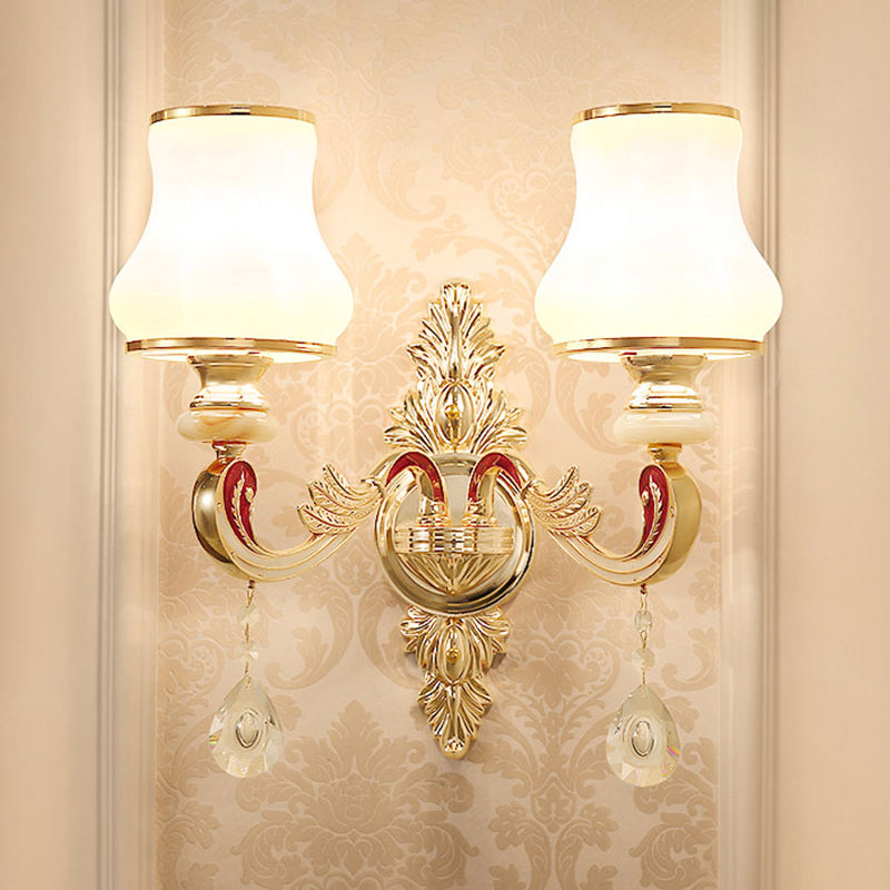 Skørter | Golden Flower Wall Lamp Retro Style Matt Glass Living Room Wall Light with Crystal Accent