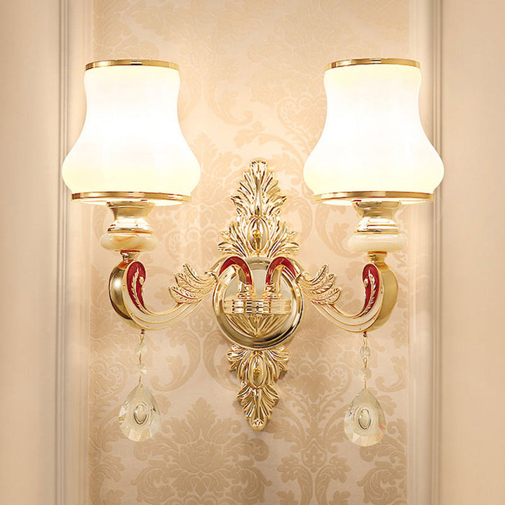 Skørter | Golden Flower Wall Lamp Retro Style Matt Glass Living Room Wall Light with Crystal Accent
