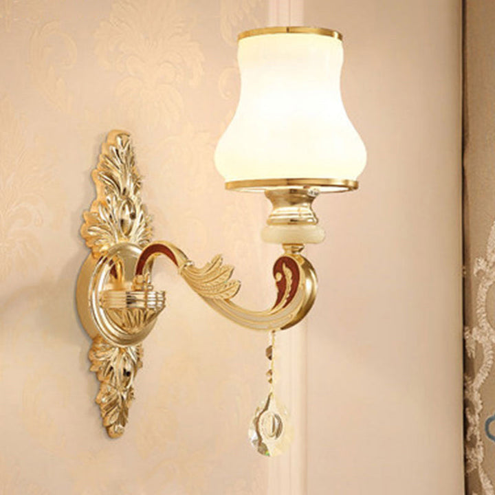 Skørter | Golden Flower Wall Lamp Retro Style Matt Glass Living Room Wall Light with Crystal Accent