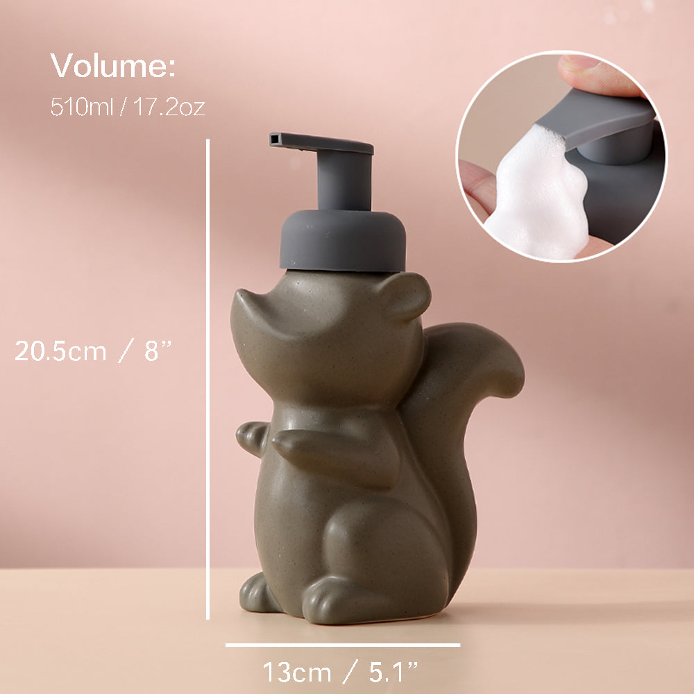 Lisslune | Ceramic Soap Dispenser, Squirrel Foam Pump Bathroom Bottle, Animal Design, Refillable Reusable Lotion Pump for Bathroom Kitchen, 510ml/17.2oz